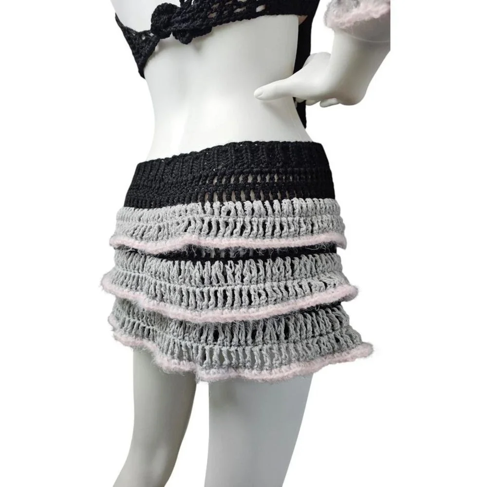 Handmade Crochet Mini‎ Skirt – Black, Gray & Pink Ruffle Knit